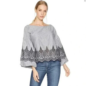 BCBGMAXAZRIA | Striped Cropped Bell Puff Sleeve Embroidered Blouse Size XS Boho